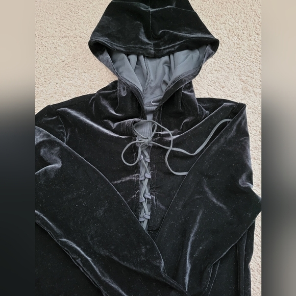 Velvet  Cropped Lace Up Hooded Top - Picture 2 of 2